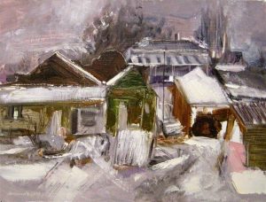 An expressive painting depicting a snowy street, facing green, brown, and grey buildings, with trees in the distance.