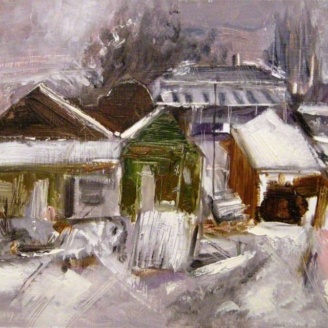 An expressive painting depicting a snowy street, facing green, brown, and grey buildings, with trees in the distance.