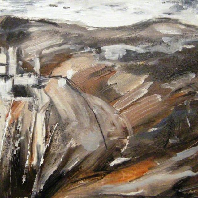 An expressive landscape painting in shades of browns and greys, depicting a town from a far in the centre left of the image, with rolling hills meeting a white cloudy sky in the distance.