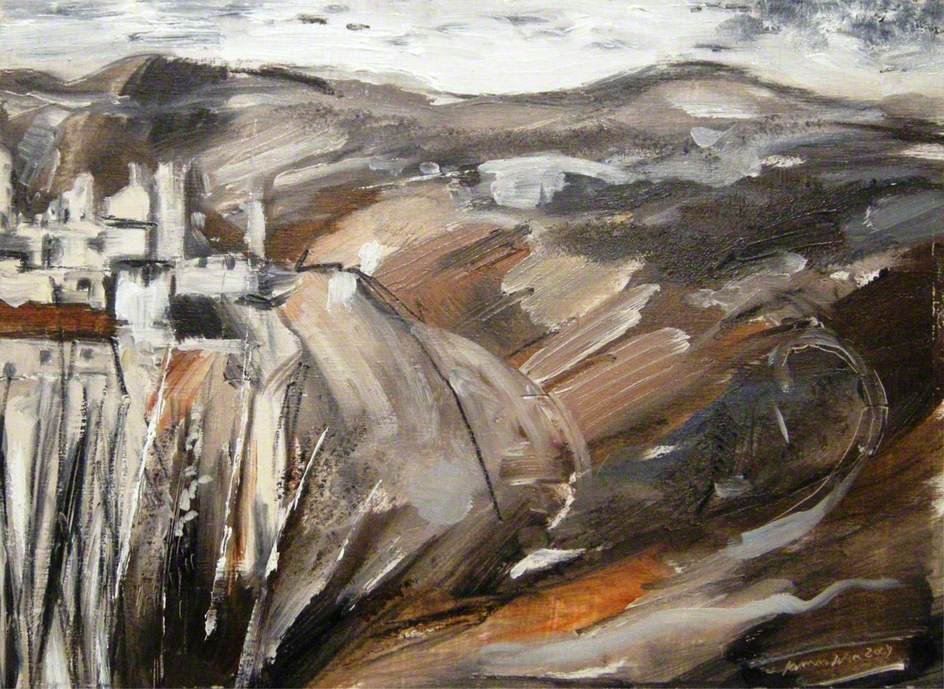 An expressive landscape painting in shades of browns and greys, depicting a town from a far in the centre left of the image, with rolling hills meeting a white cloudy sky in the distance.