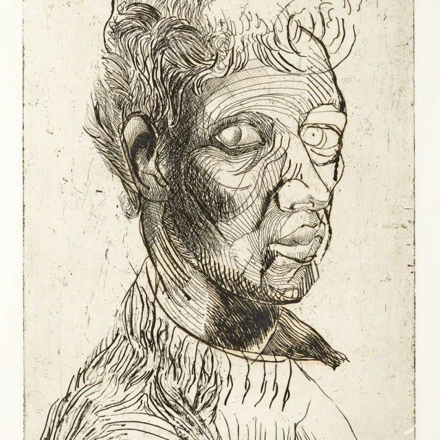 A monotone etching depicting the artist from the shoulders up, a mixed race man, with his head tilted towards the viewer.