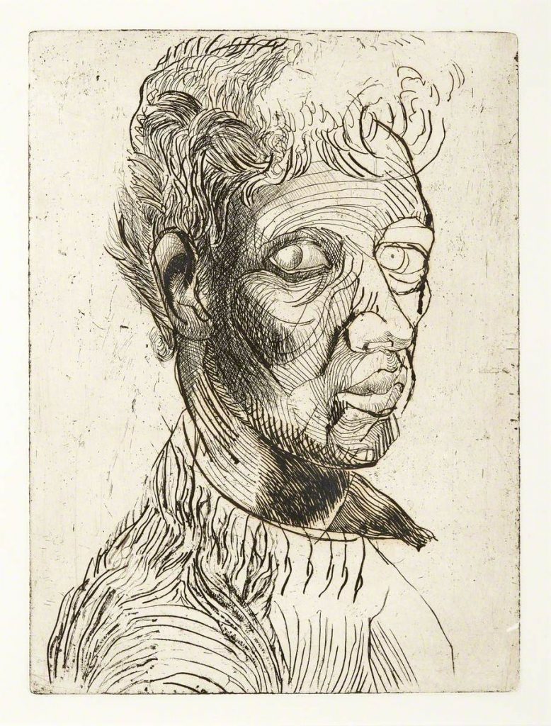 A monotone etching depicting the artist from the shoulders up, a mixed race man, with his head tilted towards the viewer.