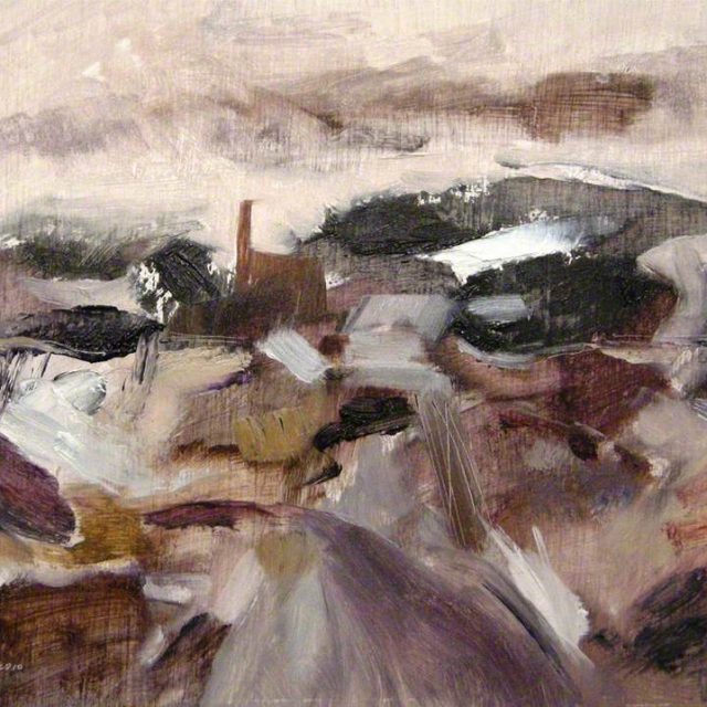 An expressive painting depicting a landscape in shades of browns and greys. The sky is a murky beige with the silhouette of a factory imposed in the distance.