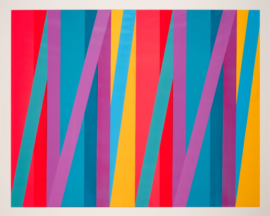 Abstract painting with bright vertical stripes of, teal, yellow, purple, and red, intersected by angled stripes of blue, teal, and purple.