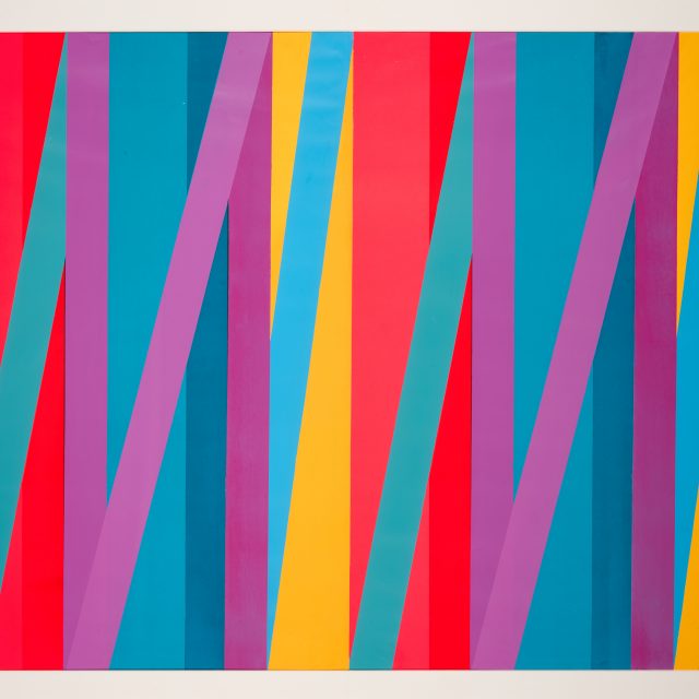 Abstract painting with bright vertical stripes of, teal, yellow, purple, and red, intersected by angled stripes of blue, teal, and purple.