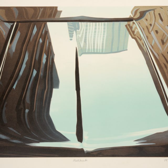 a colour print showing a cityscape reflected in a window