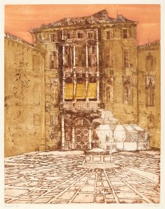 A print showing a square in venice and the front of a building. There are some stalls to the right of the building, and there is a raised feature in the centre of the square. The building has a large door on the ground floor, and three levels of windows.