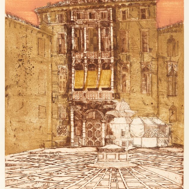A print showing a square in venice and the front of a building. There are some stalls to the right of the building, and there is a raised feature in the centre of the square. The building has a large door on the ground floor, and three levels of windows.