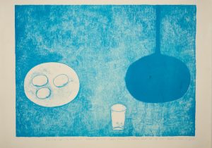 A blue etching depicts a round white plate on the left, with three white circular objects on it, at the centre bottom of the images is a tall white glass, and on the right, a deep blue vase with a tall neck and large round base.