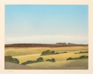 A print showing an arable landscape of recently ploughed fields under a clear blue sky.