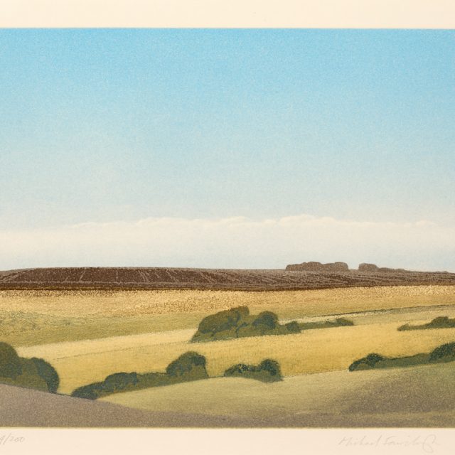A print showing an arable landscape of recently ploughed fields under a clear blue sky.