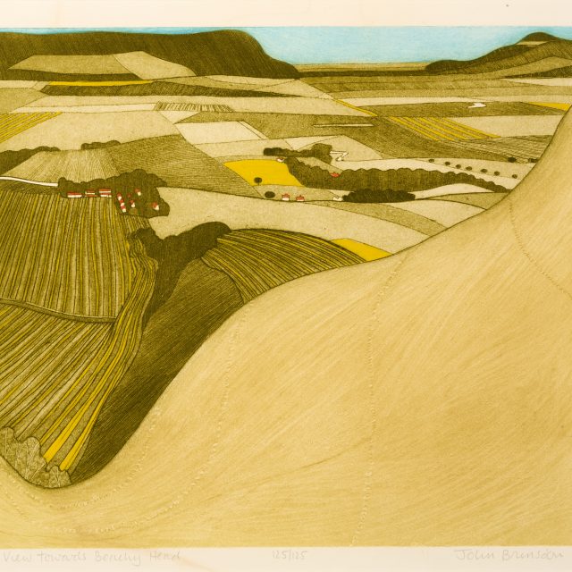 Colour print showing a view over ploughed fields, with coastline and blue sky in the distance