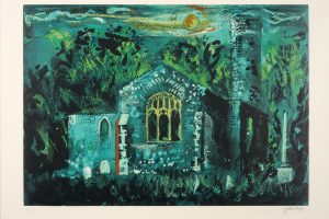 a semi-abstract print showing a chuch at night, lit by the moon, represented in green tones