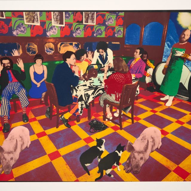 print depicting a busy room, with cats, pigs, and people playing cards. In a pop art style.