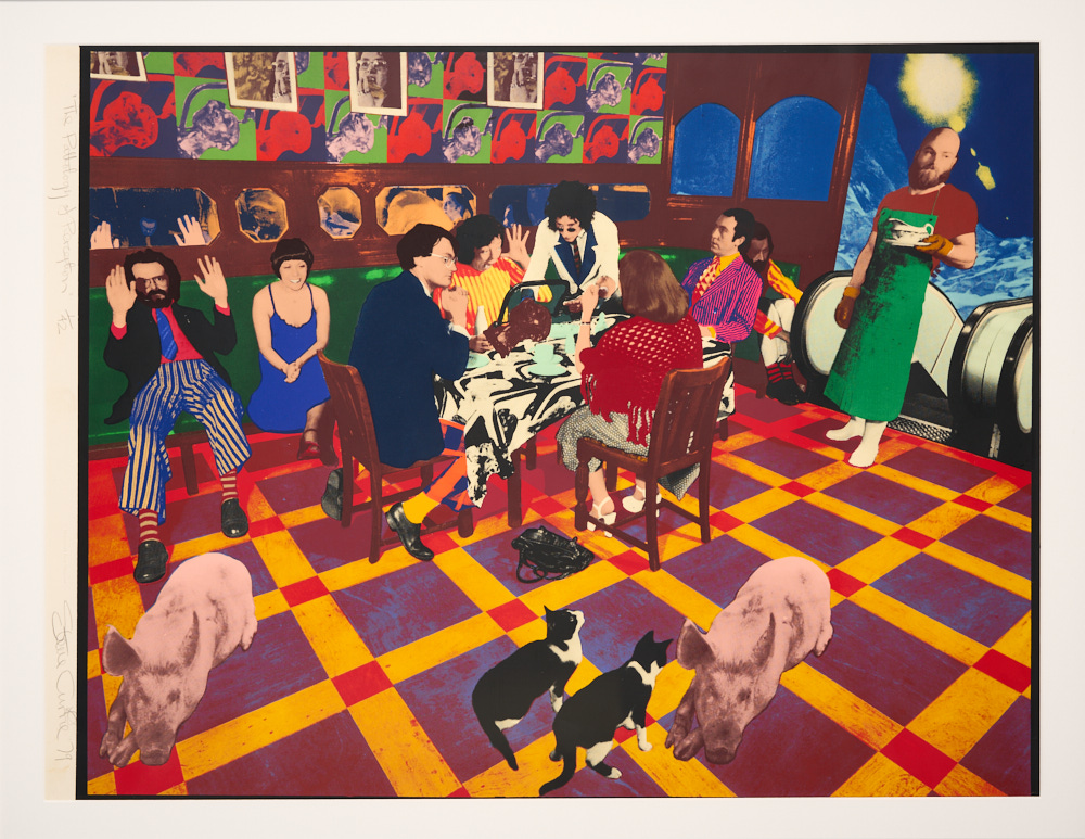 print depicting a busy room, with cats, pigs, and people playing cards. In a pop art style.
