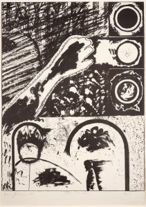 Black and White abstract screenprint, showing three circular patterns and the silhouette of a hand