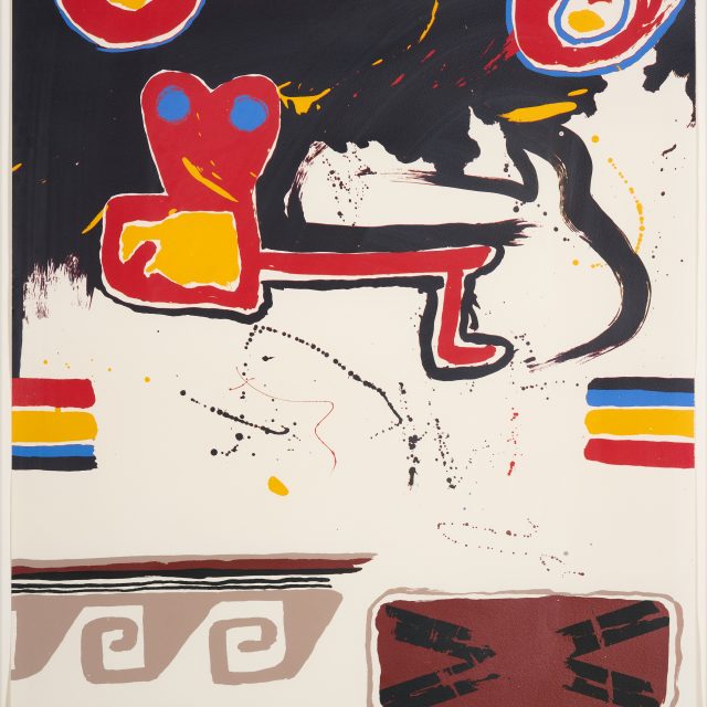 abstract print in colour, showing swirling patterns in light brown, and patches of yellow, red and blue