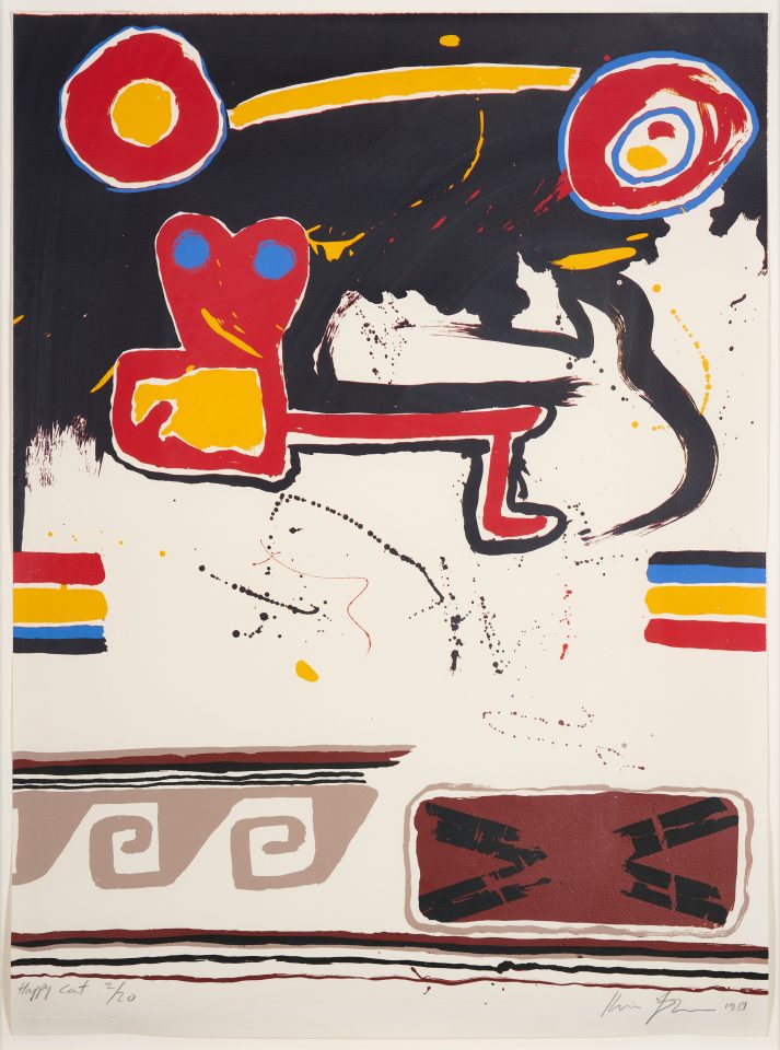 abstract print in colour, showing swirling patterns in light brown, and patches of yellow, red and blue