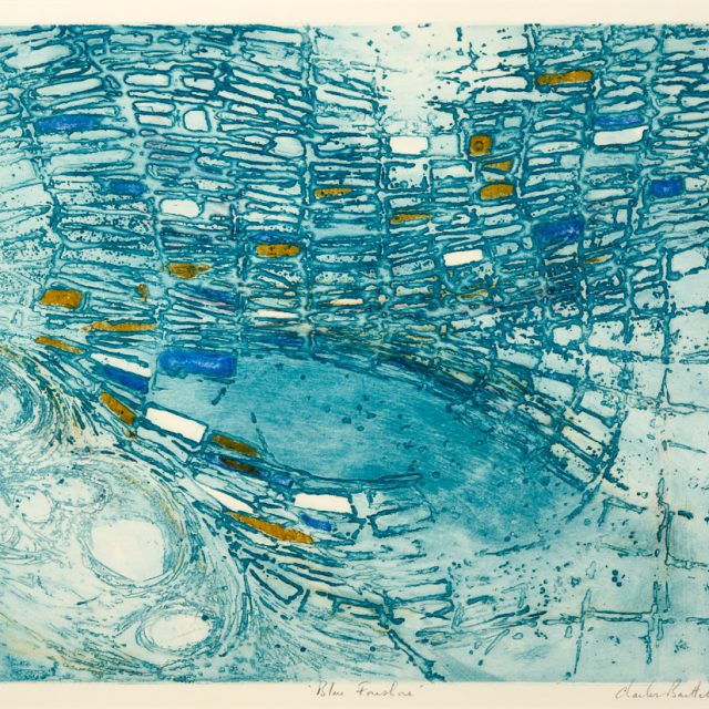 An abstract teal blue print with pale delicate swirls in the bottom left corner, and rectangular shapes in shades of teal, blue, and accenting yellow, warping around a small oval pocket of plain blue in the middle.