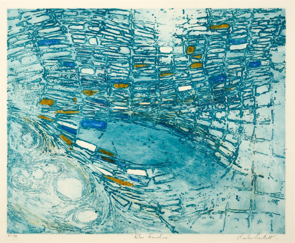 An abstract teal blue print with pale delicate swirls in the bottom left corner, and rectangular shapes in shades of teal, blue, and accenting yellow, warping around a small oval pocket of plain blue in the middle.