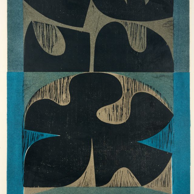 An abstract print, with one large bold black organic shape below four smaller ones. Faint black lines surround the shapes. The shapes are aligned with beige pockets of colour, surrounded by two muted shades of blue.