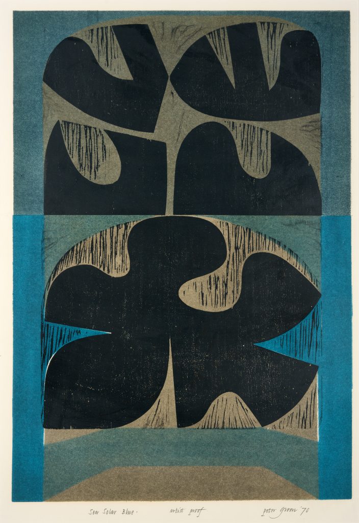 An abstract print, with one large bold black organic shape below four smaller ones. Faint black lines surround the shapes. The shapes are aligned with beige pockets of colour, surrounded by two muted shades of blue.