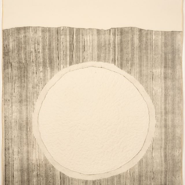 An etching with a large, embossed circle in the centre with a natural crinkled texture and thin dark outline. Around the circle is a blank buffer, before thin dark lines run vertically across the images, only disrupted by the circle, ending at a jagged horizonal line in the top quarter of the image. Above this line, the page is blank.
