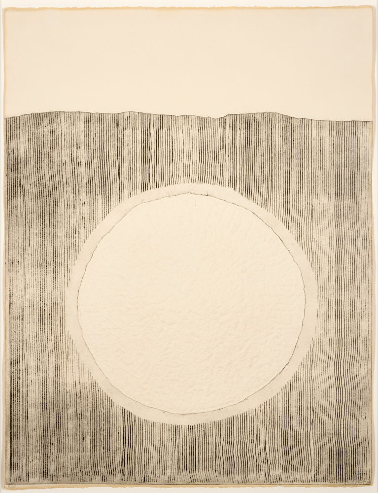 An etching with a large, embossed circle in the centre with a natural crinkled texture and thin dark outline. Around the circle is a blank buffer, before thin dark lines run vertically across the images, only disrupted by the circle, ending at a jagged horizonal line in the top quarter of the image. Above this line, the page is blank.