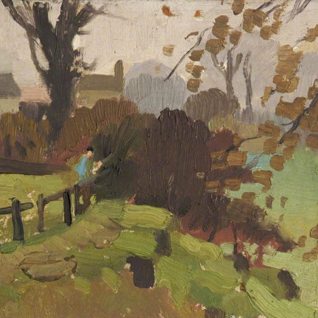 An impressionist painting with thick brushstrokes depicting an autumnal scene with brown bushes and green grass. The trunk of a tree with scant brown leaves stands to the right, two further trees standing in the distance on the left with two houses behind. A fence runs from the left corner to the centre of the painting. Two figures look out over the fence, one dressed in blue.