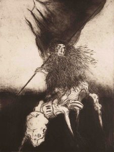 A monotone etching and aquatint depicts a ape, with dark fur, riding the back of a skeletal, four legged creature, while brandishing a tattered dark flag behind it.