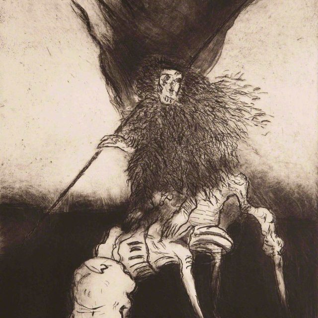 A monotone etching and aquatint depicts a ape, with dark fur, riding the back of a skeletal, four legged creature, while brandishing a tattered dark flag behind it.