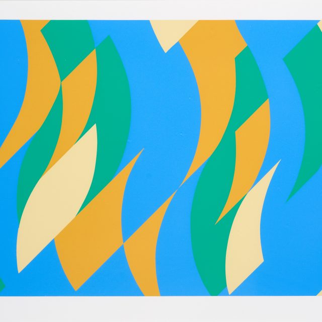 an abstract geometric painting in green, blue, beige and orange
