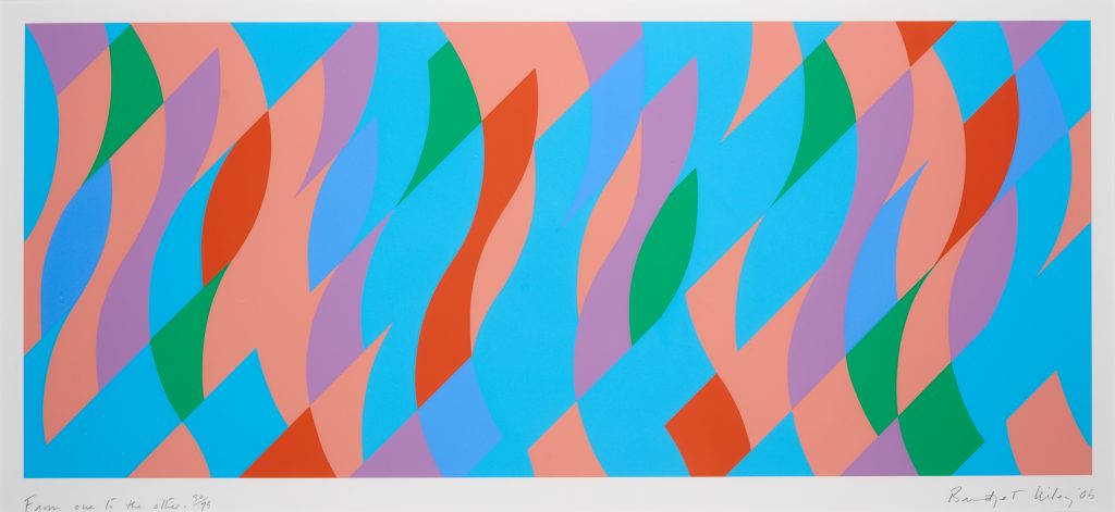 an abstract print showing curved, angular shapes in blue, violet, red, green and orange.