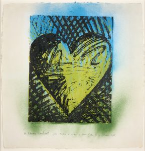 A square paper with rough edges. In the centre a drawing of a heart shape in thick black lines, surrounded with cross hatched lines. In the background, blue and green colours are spray painted.