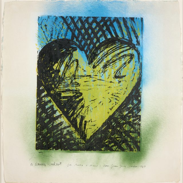 A square paper with rough edges. In the centre a drawing of a heart shape in thick black lines, surrounded with cross hatched lines. In the background, blue and green colours are spray painted.