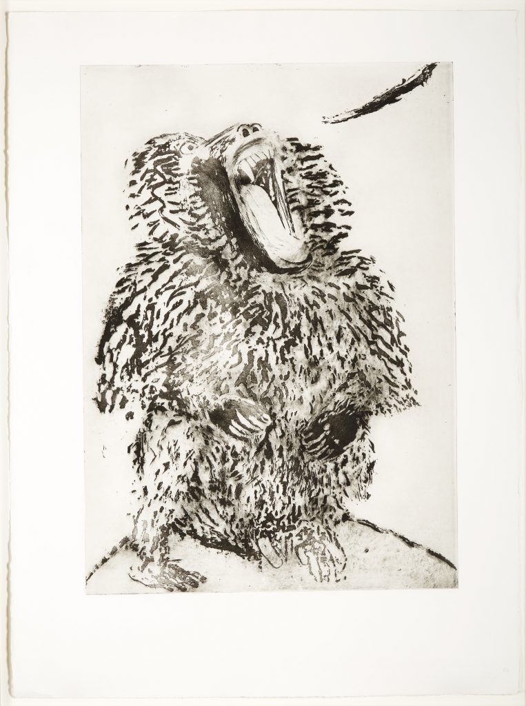 An etching depicting an ape on it's hind legs with it's mouth open.