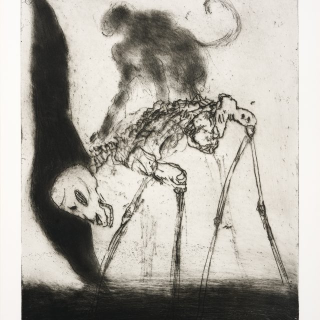black and white drawing showing an ape riding on the back of a four-legged skeleton
