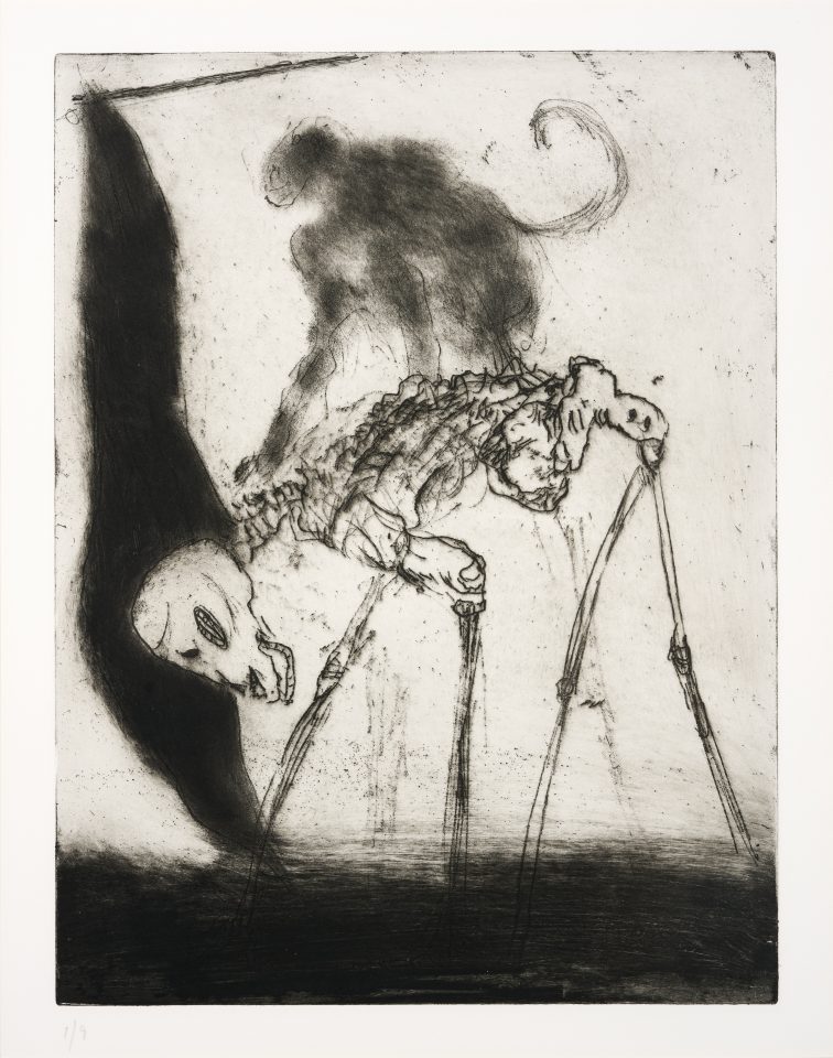 black and white drawing showing an ape riding on the back of a four-legged skeleton
