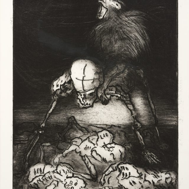 a black and white drawing showing an ape on the back of a skeletal figure. Beneath them are a several human skeletons.