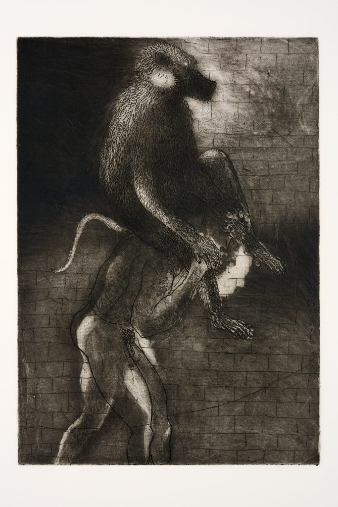 a black and white drawing depicting an ape riding on the back of a human figure