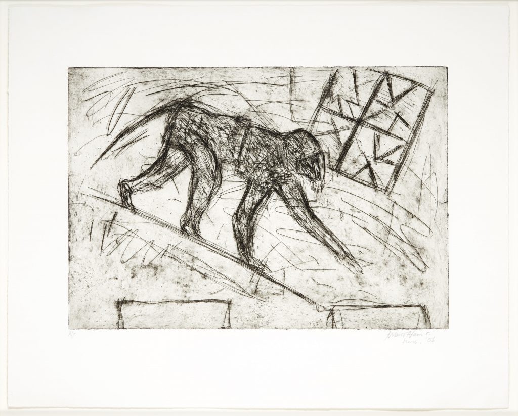 An abstract line drawing depcting an ape walking across a tightrope, with one arm extended out in front of it.