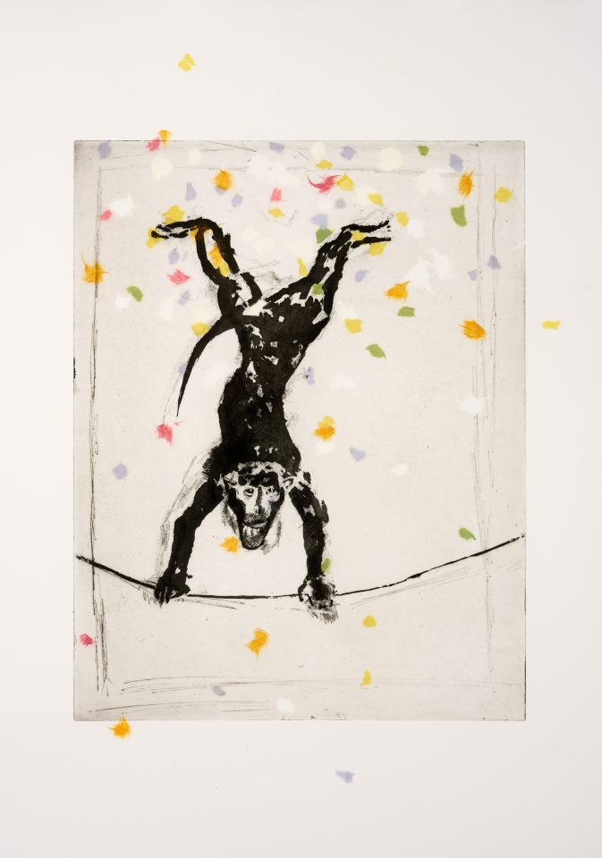 a print depicting an ape doing a handstand on a tightrope. Around the ape there are dots of various colours.