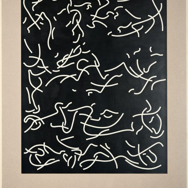 An abstract print, consisting of curved white lines on a black background