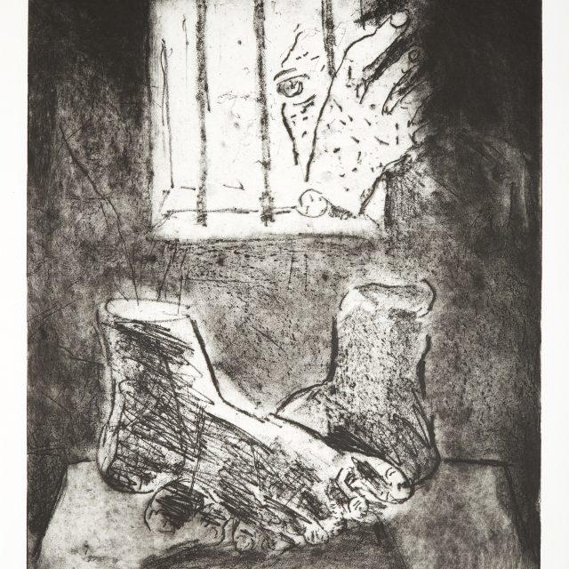 An etching depicting two dismembered feet, with a figure peering through a barred window in at them.