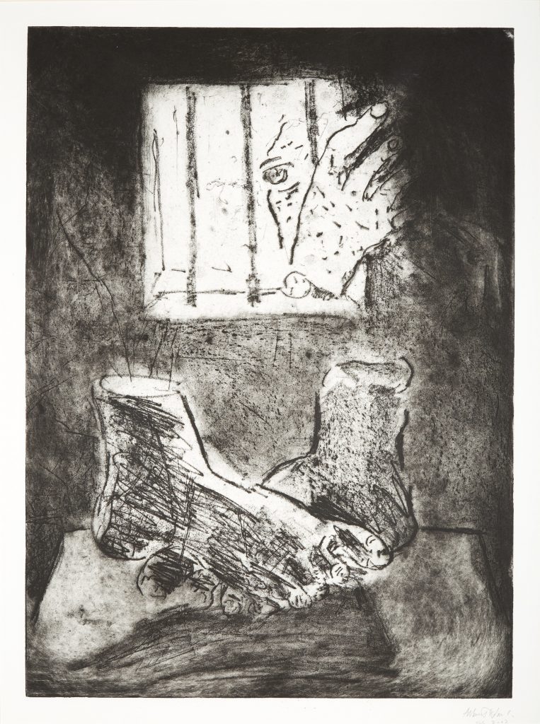 An etching depicting two dismembered feet, with a figure peering through a barred window in at them.