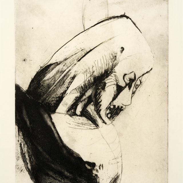 an abstract line drawing depicting the head and shoulders of a crucified figure.