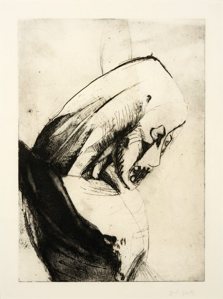 an abstract line drawing depicting the head and shoulders of a crucified figure.