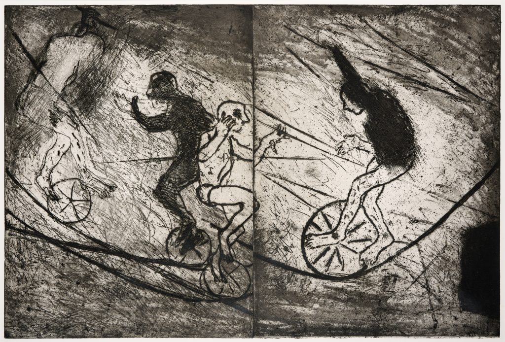 A drawing in black and white, showing a figure riding a monocycle on a tightrope