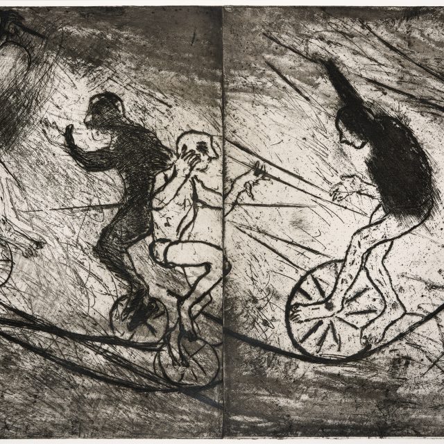 A drawing in black and white, showing a figure riding a monocycle on a tightrope