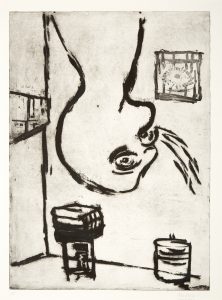 A monotone etching and aquatint depicting the distorted profile of a figure from he shoulders up, hanging upsidown into the centre of the image from above. In the background on the right, a large eye looks in at a barred window. Bold lines show the walls and furniture in the background, and a protrusion from the figure's mouth.